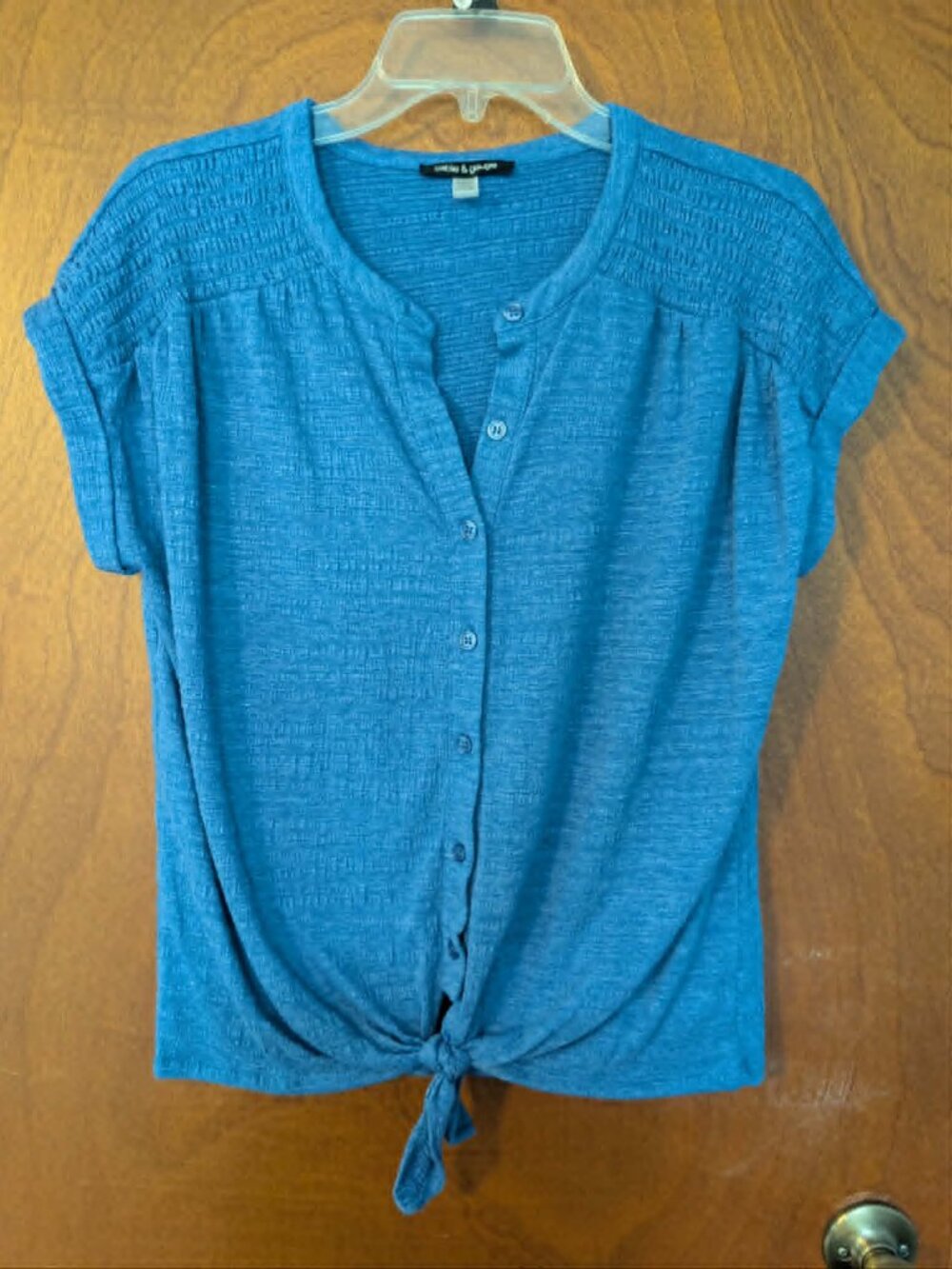 Women's Blue Textured Tie-front Shirt